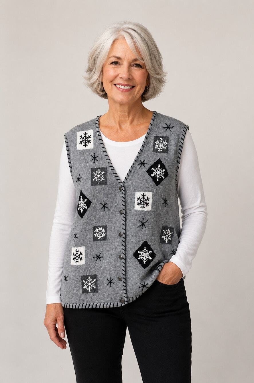 Vintage C.J. Banks Hand Embroidered Snowflake Sweater Vest Gray 1X Cottagecore